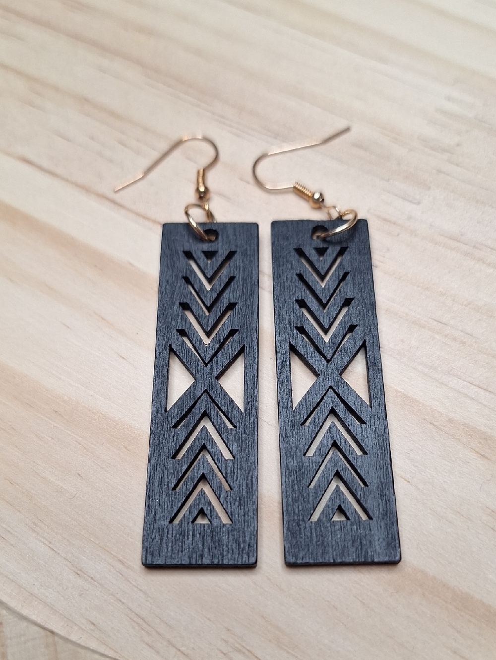 Geometric Cutout Rectangular Wooden Earrings - Black
